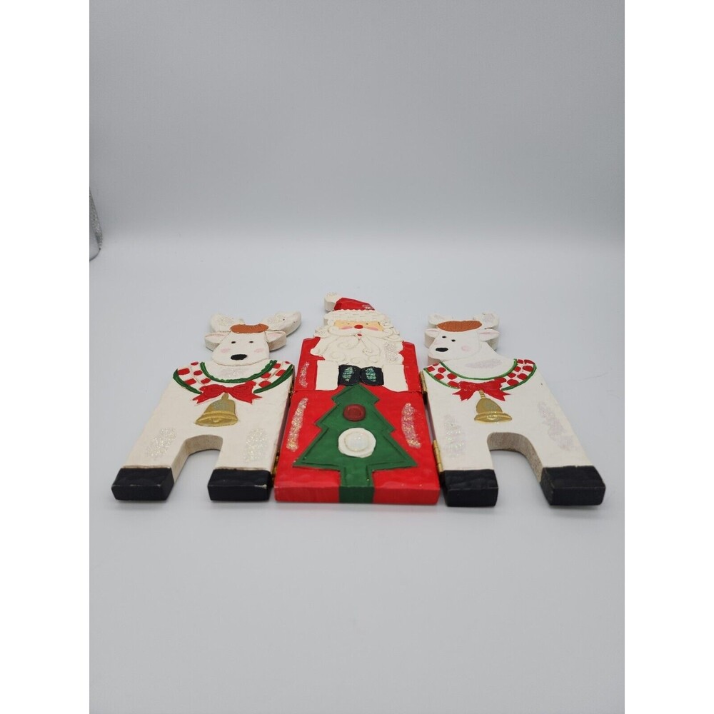 VTG Christmas Wood Decorative Folding Screen Santa & Reindeers Holiday Decor - Picture 9 of 12